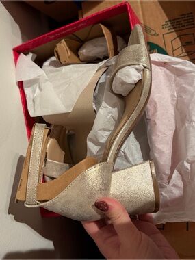 Kelly & Katie Metallic Gold Block Heel Sandals